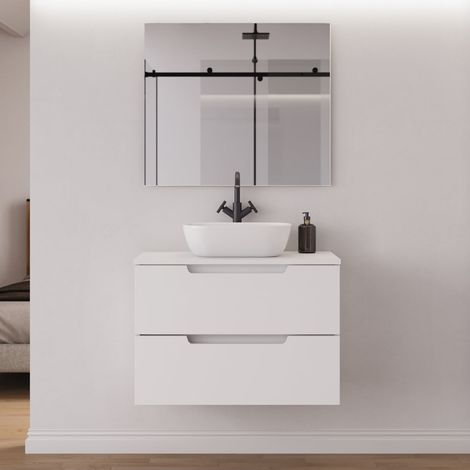 Meuble de salle de bain 80cm avec plateau et vasque à poser arrondie - 2 tiroirs - blanc mat - SONRIZA (1/5)