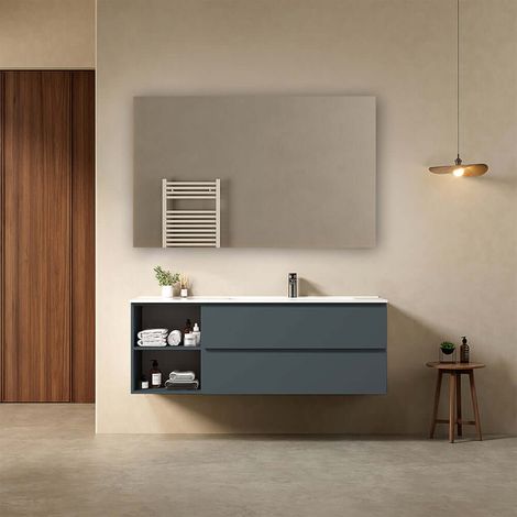 Mobile bagno sospeso 140 cm Blu Mare Lavabo a Destra in Resina Specchio Quadro - Fiji Paint Plus