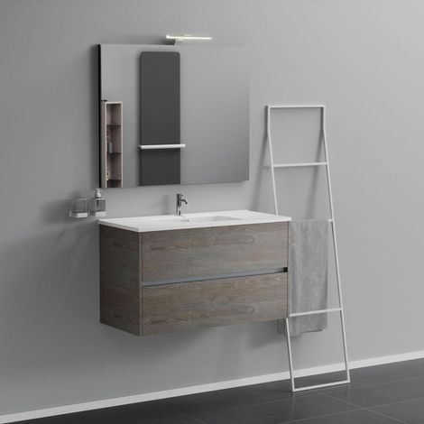 Inda - Badezimmerschrank 2 Schubladen L.100 mit Waschbecken, Spiegel und Lampe - Geräucherte Ulme