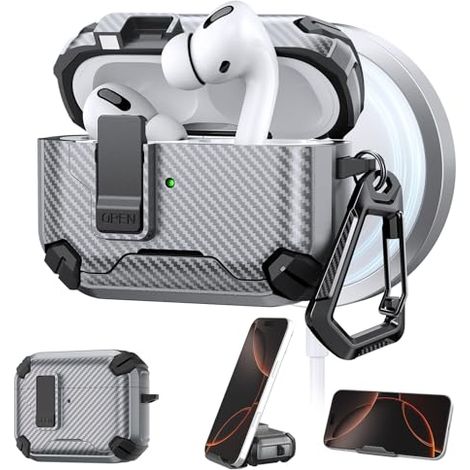 Compatible avec le boîtier de charge des AirPods Pro 3 - Antichoc TPU/PC - Fermeture Magnétique Automatique - Support Téléphone Intégré - Compatible Charge Sans Fil MagSafe - 1 Pièce (1/5)