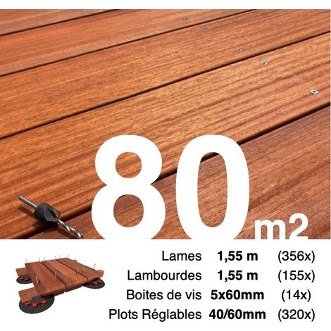 Kit complet terrasse bois exotique PADOUK pour 80 m² • Lames 1,55 m, lambourdes 1,55 m, plots réglables et visserie Inox • Livraison gratuite (1/4)