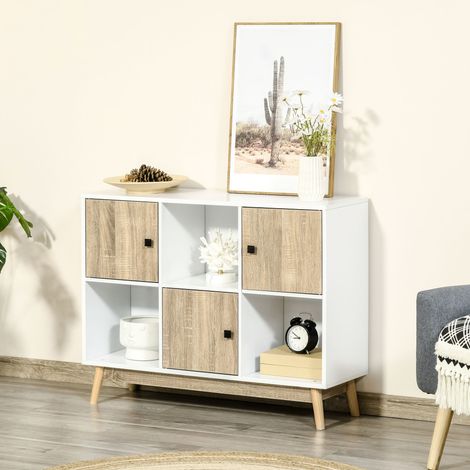 Buffet salon. meuble de rangement 9 cubes avec 3 portes et 3 compartiments ouverts. pieds en bois de pin. style moderne. buffet salle à manger. cuisine et salon. 96 x 30 x 75 cm. blanc. naturel