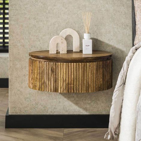 M&S – Chevet rond suspendu en manguier 1 tiroir 50x35x20 cm – Fixation murale avec bande en métal – Style ethnique naturel