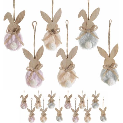 Coniglietti Pasquali da Appendere Decorazione per Casa e Negozi In legno e Eco Pelliccia Set 12 Pezzi (1/3)