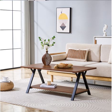 Table basse industrielle 110 x 57 x 44,5 cm en MDF, finition noyer, cadre métal noir (1/5)