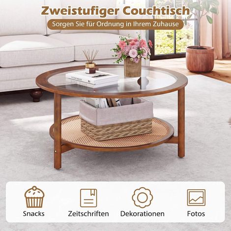 Round Coffee Table, Glass Top, Rattan Shelf, Walnut Finish (1/5)