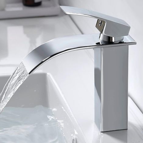 Robinet de salle de bain cascade moderne, robinet de lavabo cascade au design élégant, mitigeur de salle de bain en laiton, eau chaude et froide, robinet cascade chromé (1/5)