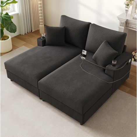 Divano 2 posti 163x140x82 cm grigio in velluto a coste con funzione relax, porta smartphone, USB e portabicchieri (1/5)