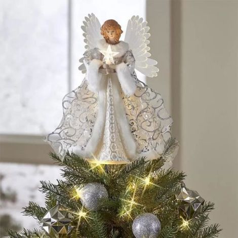 Cimier de Sapin de Noël Ange Imprimé à Plat avec Guirlande Lumineuse USB, Topper de Sapin de Noël en Acrylique,Décoration de CIMIER (1/4)
