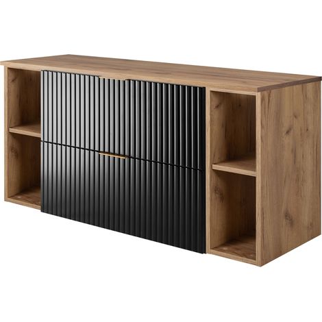 Furnidea - Meuble sous vasque FLOW NOIR 120 cm avec 2 x l'étagères - extensions et plan CHÊNE - 2 tiroirs - façades rainurées (1/5)