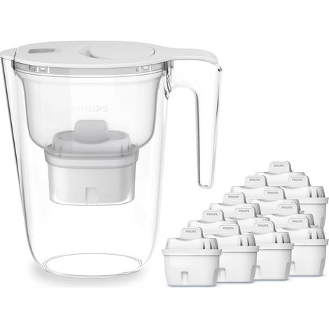 Philips Water Caraffa filtrante + 12 cartucce filtranti di ricambio, Filtrazione Avanzata, flusso rapido, timer elettronico, filtra CLORO, CALCARE, METALLI PESANTI e MICROPLASTICHE, BIANCO, 2.6 litri (1/5)