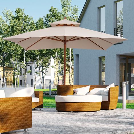 Ombrellone da Giardino 3x3m con 8 Stecche in Bamboo e Copertura Parasole a 2 Livelli, Crema