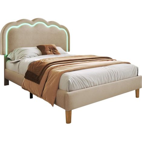 Lit simple LED rembourré 90 x 190 cm, beige, cadre de lit Junior, tissu de lin (1/5)