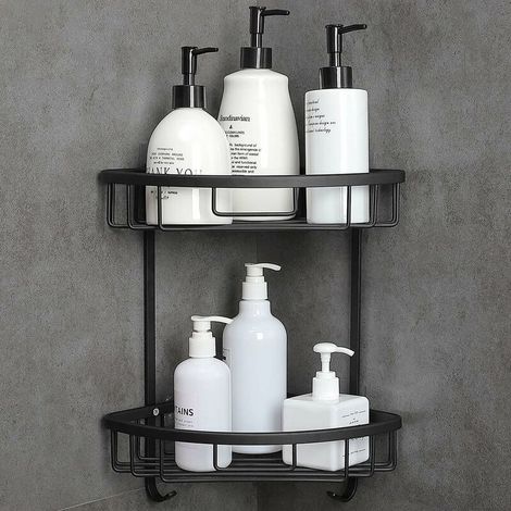 VURAHOME - Etagere Douche Sans Percage Salle De Bain D'Angle De Douche Auto-Adhésive Accessoires Salle De Bains 2 Niveaux Noir (1/5)