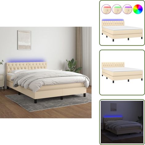 Cama con cabecero ajustable - vidaXL Cama box spring colchón y luces LED tela crema 140x190 cm - Cama con muelles ensacados