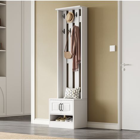 Mobile guardaroba da ingresso in truciolato bianco con 8 ganci, 50 x 36 x 190 cm, con seduta e ante (1/5)
