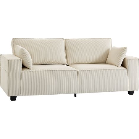 Canapé 3 places en velours côtelé 218 cm, canapé salon, coussins à ressorts, larges accoudoirs, 2 coussins, beige (1/5)