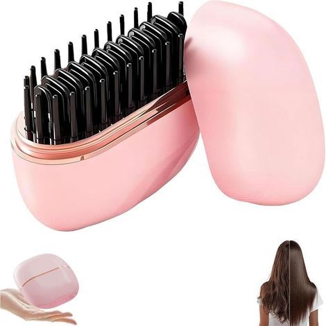 Mini Brosse lissante à cheveux, 2-en-1 Sans fil et portable, brosse lissante et peigne chauffant volumateur, chauffage rapide en 30s, anti-brûlure (Rose) (1/5)