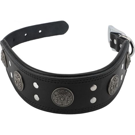 GARRYFIZH Collier chien cuir de vachette - Noir taille L, réglable, décorations métalliques - Style rétro (1/2)