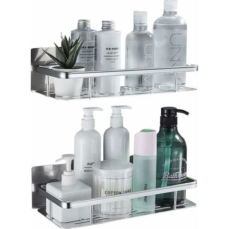 Douche en aluminium sans perçage, rangement de salle de bain, support de salle de bain auto-adhésif-support de douche argenté (1/4)