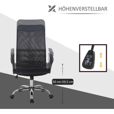 Chaise de bureau ergonomique noire à dossier haut, accoudoirs, pivotante et réglable en hauteur avec fonction bascule, revêtement en filet, siège d'ordinateur. (1/4)