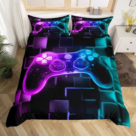 Housse de Couette Garcon Gamer Bleu Violet, Parure de Lit 220x240 Enfant Gaming Deco Gamer, Sets de Housses de Couettes Jeux Vidéo, Couvre Lit Carrée Géométrique Lumineuse Au Néon - 220x240cm + 2 Taie (1/5)