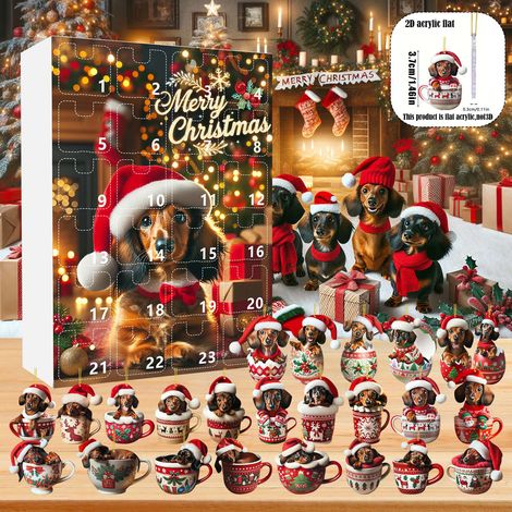 Calendrier de l'Avent de Noël 24 jours – Pendentifs en acrylique teckel dans tasse – Compte à rebours festif pour amoureux des chiens (1/5)