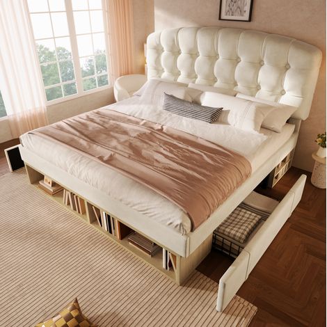 Bett 140x190 cm aus beigem Samt mit verstellbarem Kopfteil und Schubladen