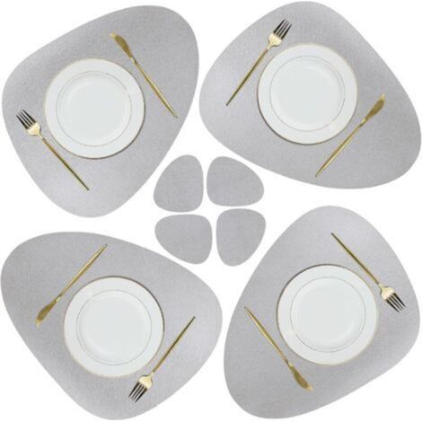 Set de Napperon et sous-Verres en Cuir, Tapis de Table de Noël Antidérapants Essuyables Imperméables pour Cuisine Intérieure Table à Manger Restaurant Fête Barbecue Extérieur (Gris Clair)
