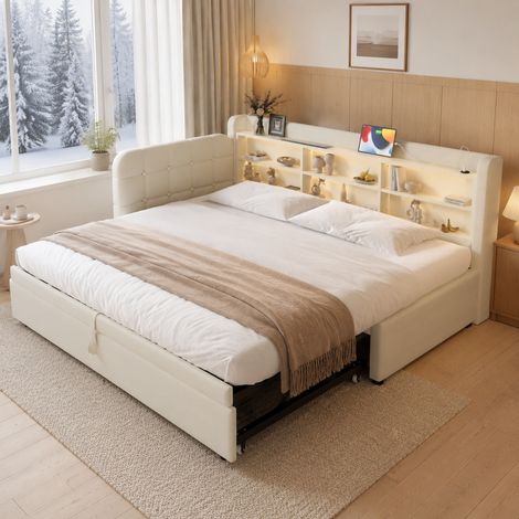 DESMIU Lit banquette 90 × 200 cm 1 place avec USB, Type-C, étagères, sans matelas, en lin, beige (1/5)