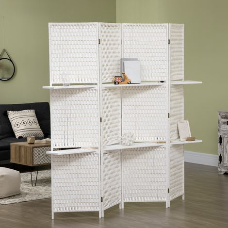 Separador de ambientes con 4 paneles y 2 estantes plegables, color blanco paja.