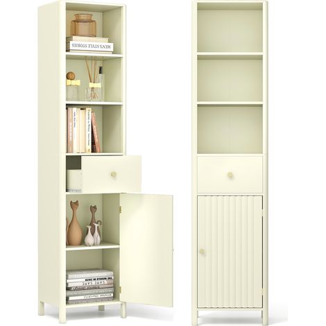 COSTWAY 170cm Tall Bathroom Cabinet Narrow Floor Cabinet w/Fluted Door-Beige