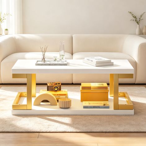 Table basse rectangulaire blanche et dorée avec éclairage LED, table d'appoint, table console, table de salon en MDF et métal, idéale pour le salon, la salle à manger ou le bureau, supporte jusqu'à 50 (1/4)