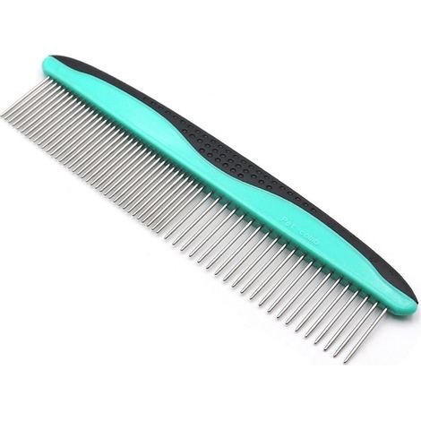 Peigne pour animaux de compagnie pour chiens, chats, lapins et autres animaux à poils longs et courts Dents larges et étroites en acier inoxydable(bleu clair) (1/5)