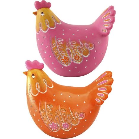 Set de 2 gallinas de resina rosa y naranja con flores 12 cm (1/3)