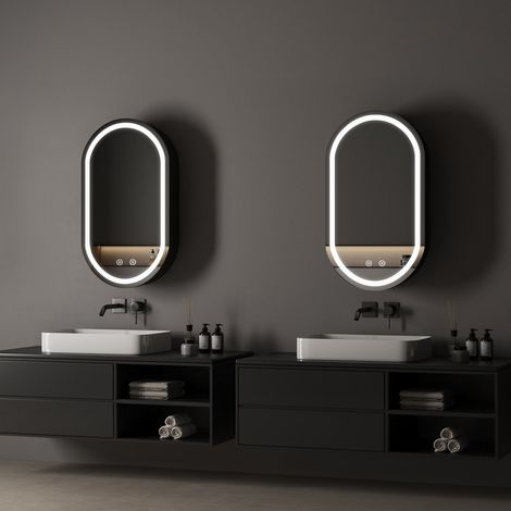 Spiegelschrank Oval mit Beleuchtung 40x70cm Spiegelschrank Bad mit Beleuchtung Badspiegel mit Beleuchtung Badschrank Hängeschränke mit 3 Einstellbare Lichtfarben Beschlagfrei, Schwarz (1/5)