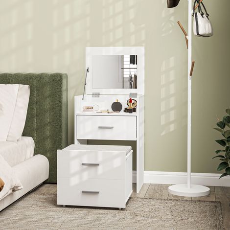 Tocador con espejo plegable, taburete con ruedas y 2 cajones, con cojín de tela efecto terciopelo extraíble y lavable, para dormitorio, color blanco.