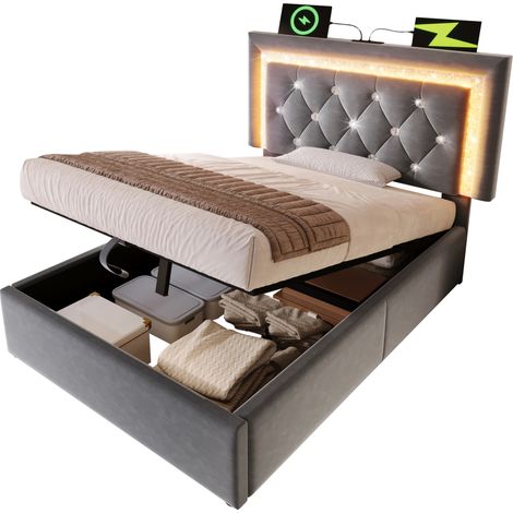 CHICFURN lit simple en velours gris avec tête de lit lumineuse et rangement 90 x 200 cm (1/5)