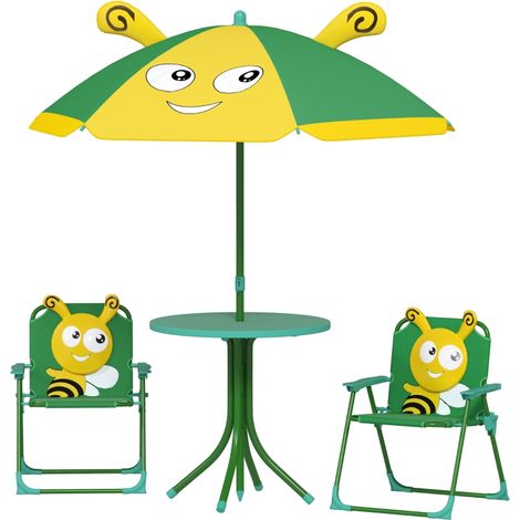 Ensemble de meubles de jardin pour enfants, chaises, table, parasol, design abeille, vert+jaune