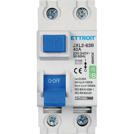 Ettroit – Disjoncteur différentiel 2P 40A 30mA – JX324069 – Courbe B 6KA AC/DC 220V – Protection pour systèmes électroniques sensibles