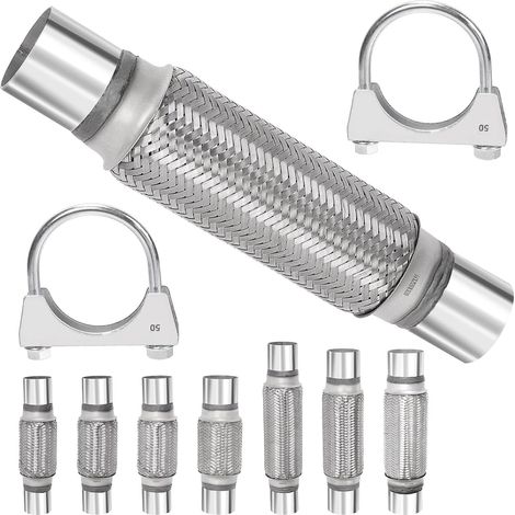 1 pièces tuyau d'échappement 2 x 7,9 pouces avec kit de chape d'échappement 2 pouces tuyau d'échappement double tresse en acier inoxydable universel pour poids lourds et automobiles (1/5)