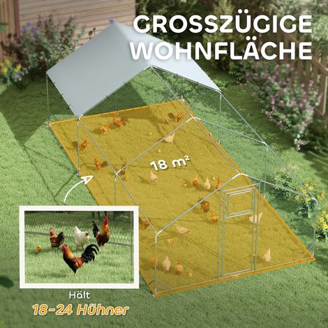 Poulailler extérieur avec enclos pour poules pondeuses, bâche anti-UV, grillage métallique robuste, distributeur automatique de nourriture, capacité 18-24 volailles