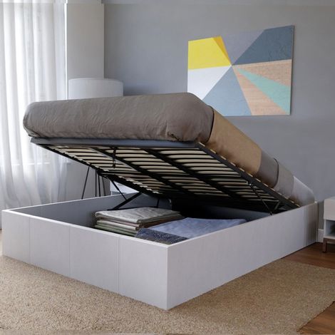 Le Quai Des Affaires – Lit coffre TORINO 160x200 – Structure métallique – Revêtement cuir PU blanc – Sommier 3x15 lattes en bois – Rangement spacieux (1/4)
