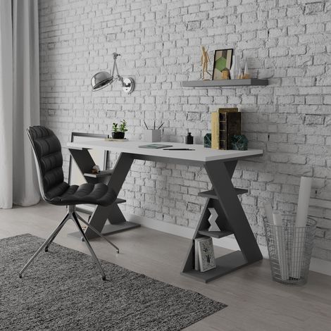 Decortie Papillon Modern Desk With Bookshelf Legs Width 137cm - White / Anthracite Grey (1/3)