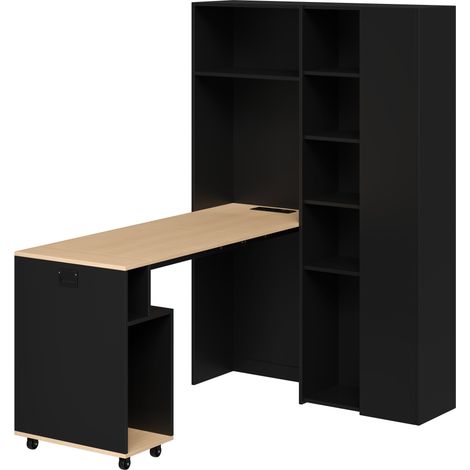 2-in-1 klappbarer Schreibtisch mit Regal aus MDF, schwarz und Eiche, mit EU-Steckdose und USB (1/5)