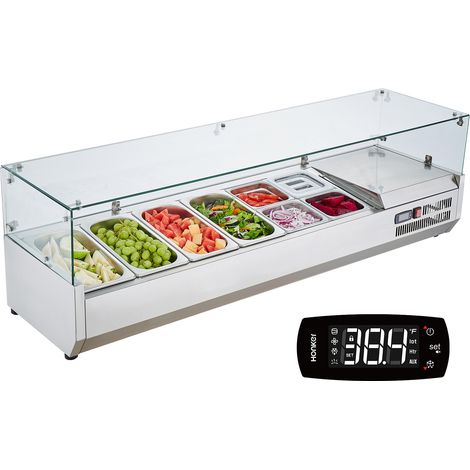 VEVOR Estación de Preparación de Condimentos Refrigerada, Estación de Condimentos Refrigerada para Encimera de vidrio, Cuerpo Inoxidable 304 y Tapa de PC, Mesa de Preparación 1480 x 404 x 450 mm