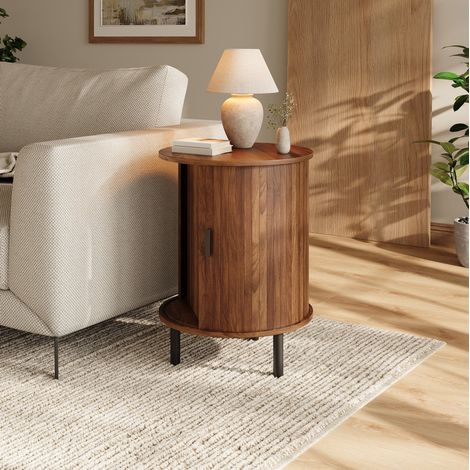 Runder Beistelltisch 48×48×65 cm aus MDF, Nussbaum, Stauraum – MEUBLIV (1/5)