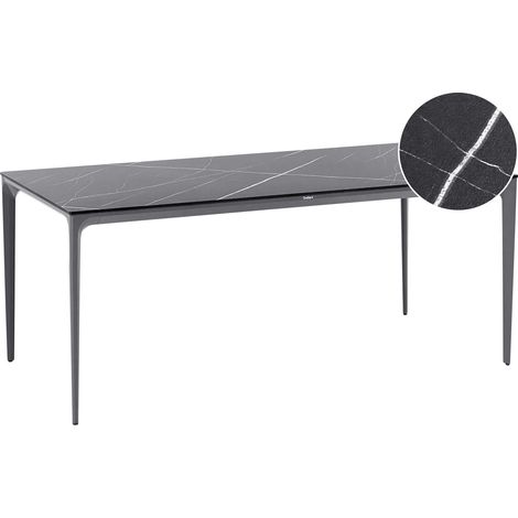 Mesa de comedor de jardín con tablero de HPL y estructura de aluminio resistente a los rayos UV agua óxido gris oscuro mármol negro Sovareto