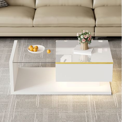 Mesa de centro 90x50x32.5 cm blanca en tablero de partículas con vidrio templado, almacenaje y LED regulable (1/5)