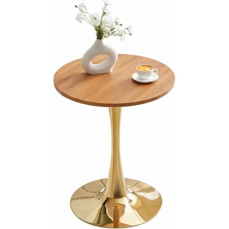 ELVMI Runder Bistrotisch mit Mittelsäule und Rutschfesten Bodenschonern, Tischplatte in Holzoptik, für Wohnzimmer, MDF und Metall, Gold (1/5)